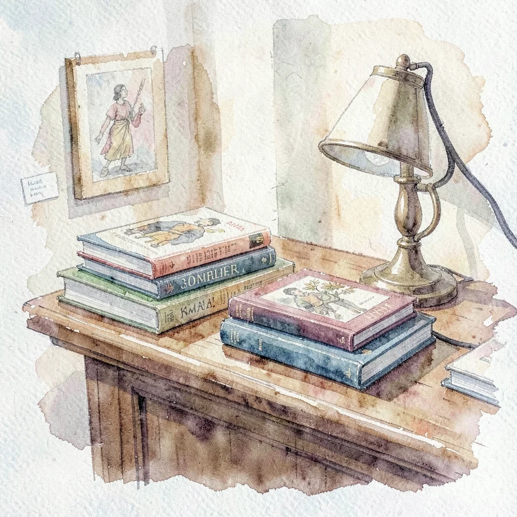 Watercolor of a museum shop counter with a stack of art books and a small lamp
