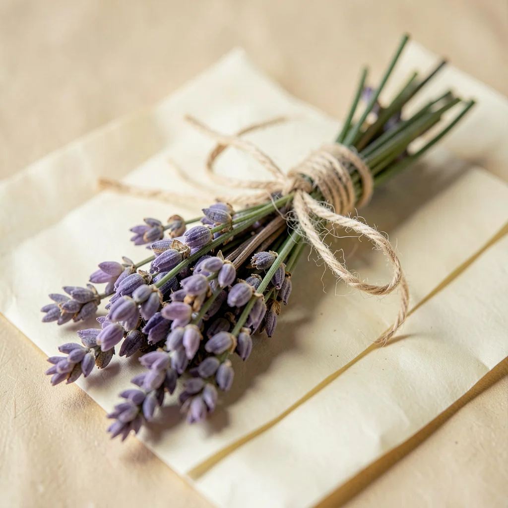 hand-tied posy of dried sea-lavender stems in soft lilac tones wrapped with cott