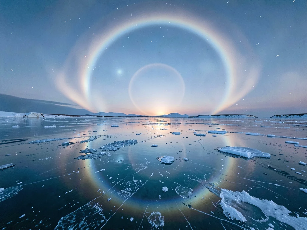 Halo phenomena reflected in still arctic water