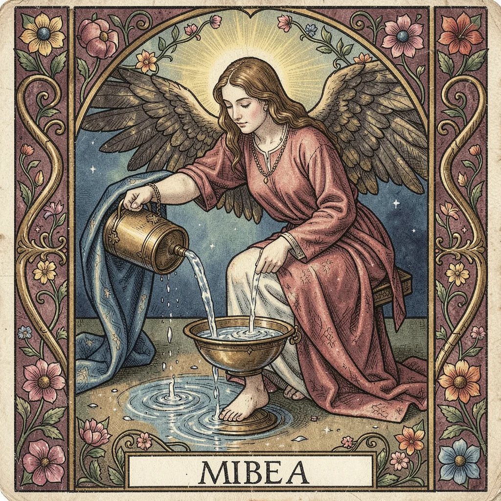 Tarot card illustration, Temperance angel pouring water between cups, one foot i