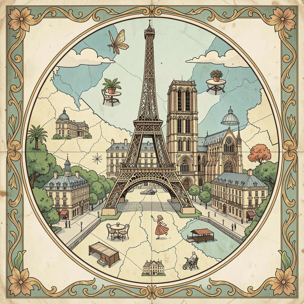 Illustrated map illustration, Paris with Eiffel Tower, Notre Dame, and cafe icon