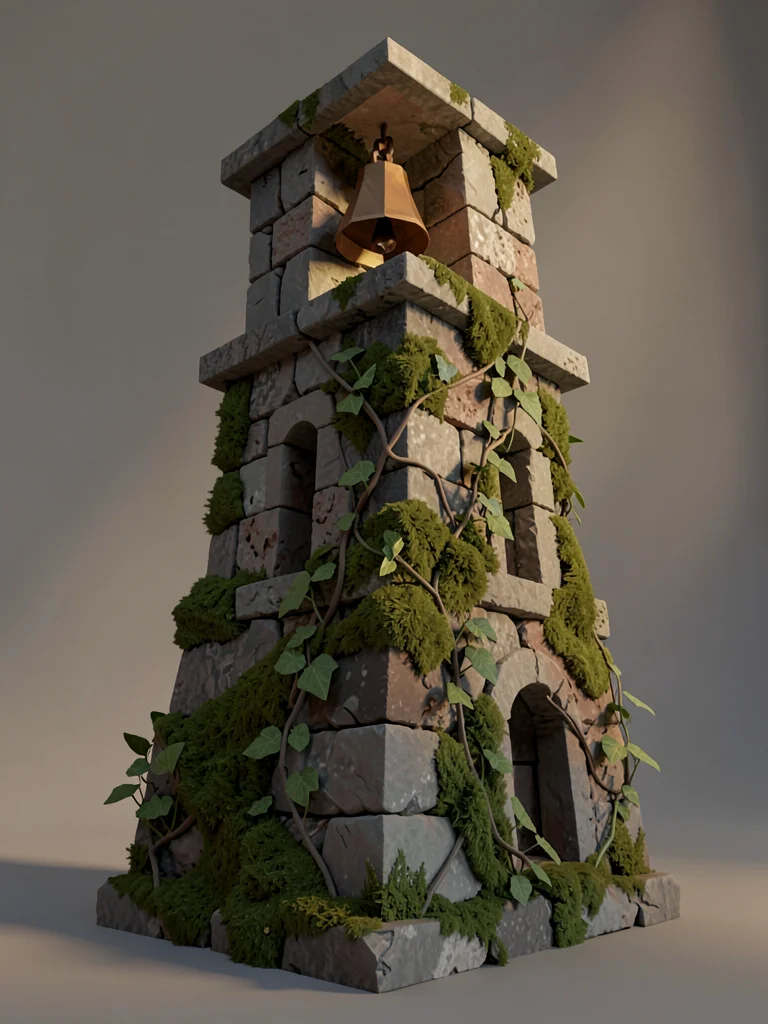 Crooked stone bell tower with thick moss creeping up its weathered sides and a f