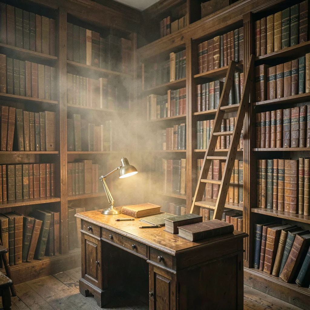 Humid atmospheric scene, Central European grandeur, Interior of antique bookshop
