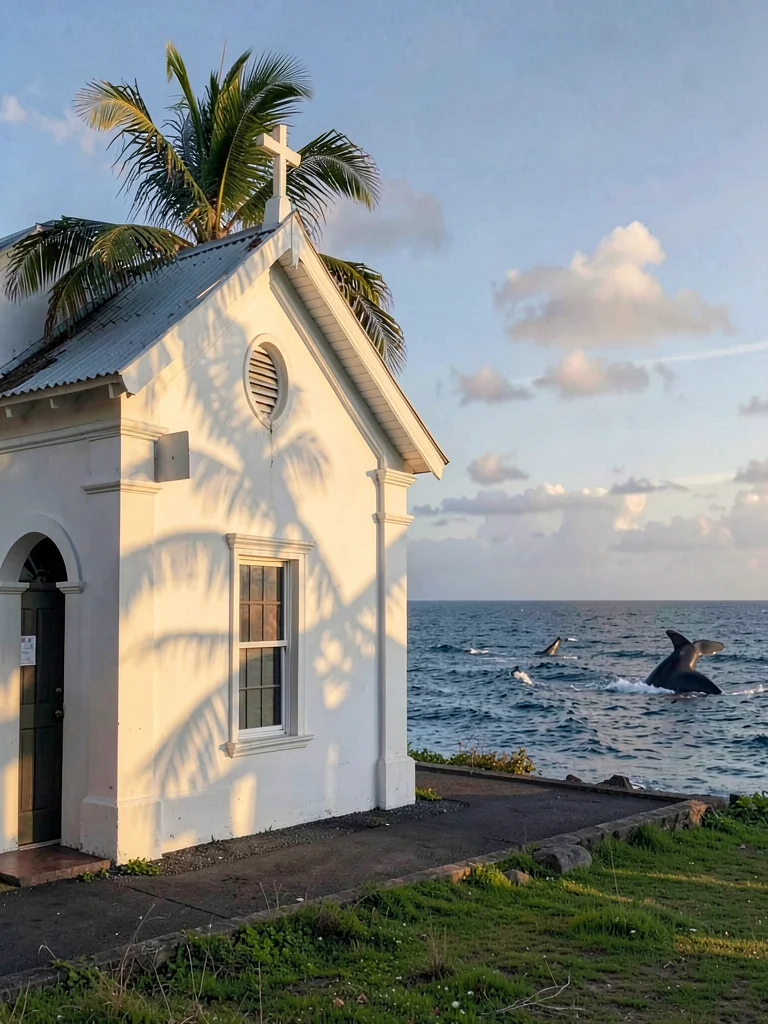 Sunday stillness in Nuku'alofa, Tonga, Late afternoon light on a white church wa