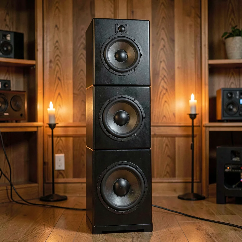 Warm vertical hero of a stacked subwoofer rig in a wood-paneled showroom, candle