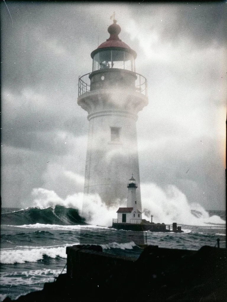 A lighthouse double-exposed with a stormy sea, the waves crashing through the to