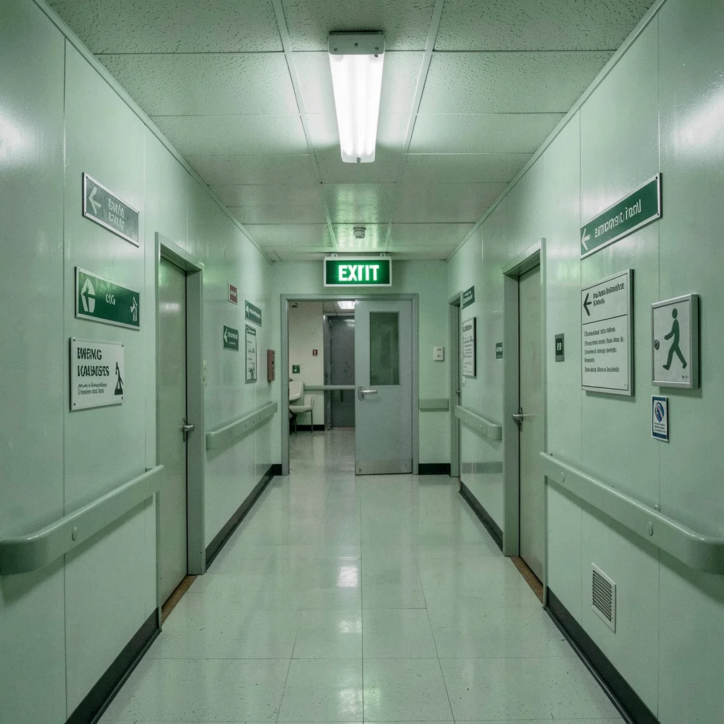 Green exit sign illuminated, institutional wayfinding, emergency direction