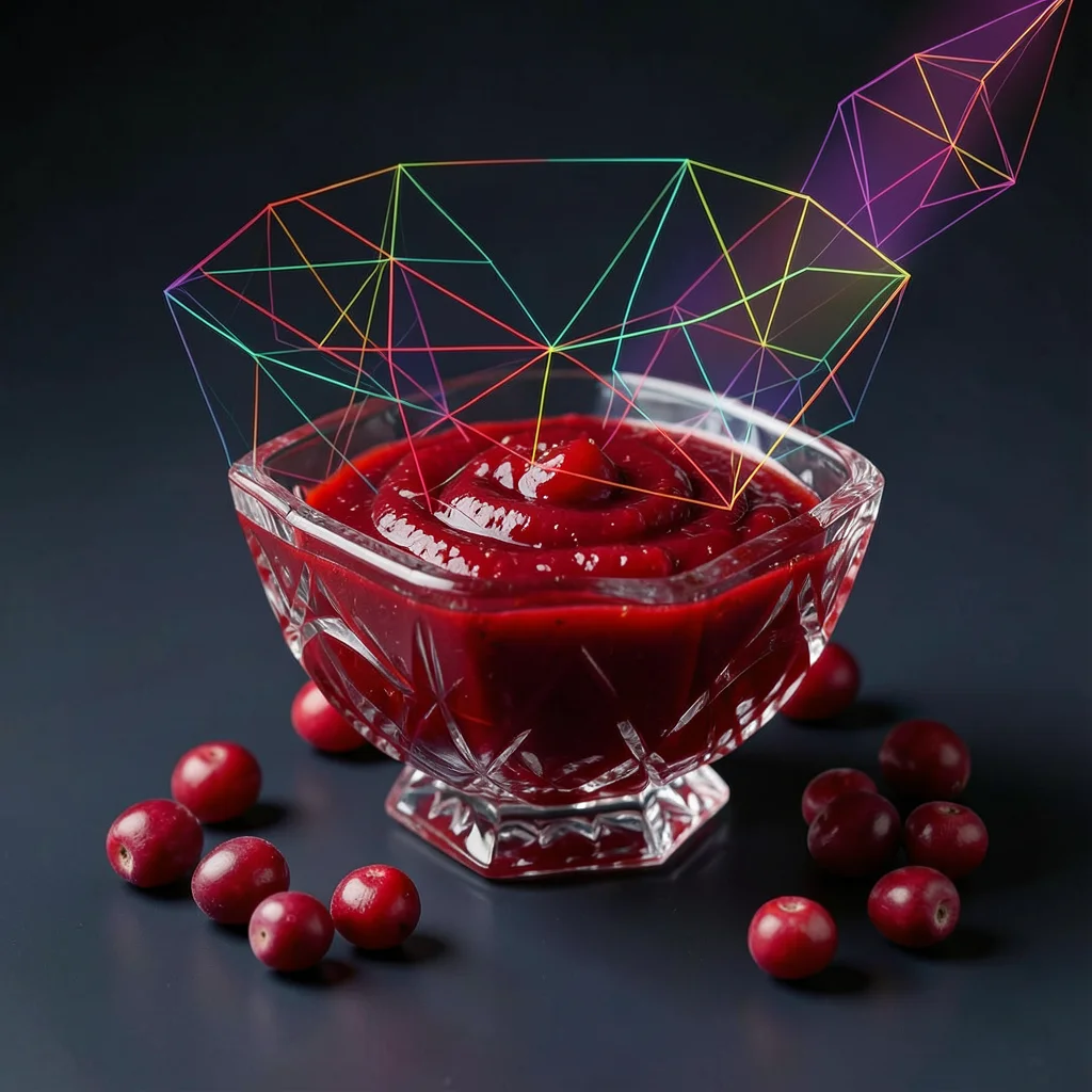 Cranberry sauce in crystal dish, fresh cranberries scattered around