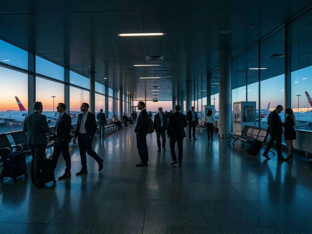 Airport terminal with Monday business travelers beginning to appear, golden hour