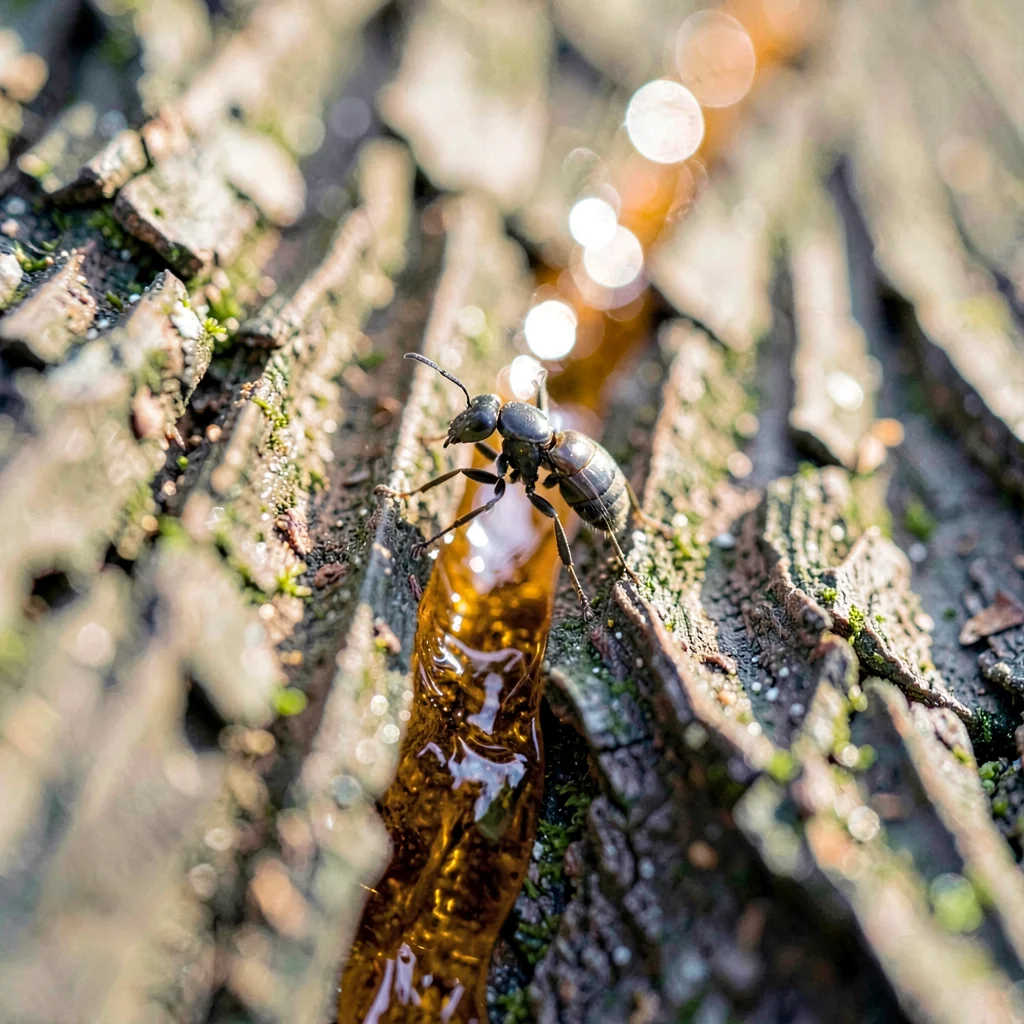 Detail of pine resin bleeding amber down a corrugated bark seam, single ant paus