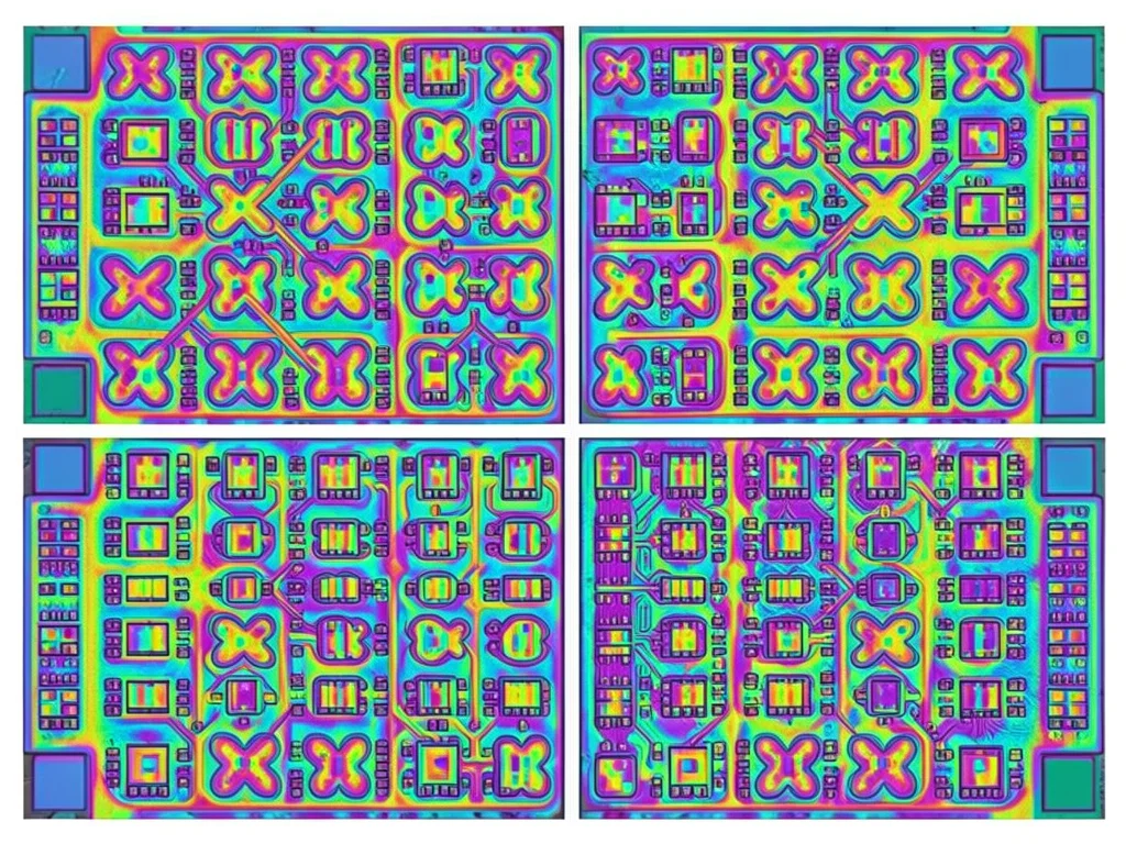 SRAM bit cells in repeating butterfly pattern, six-transistor cells tiling in mi