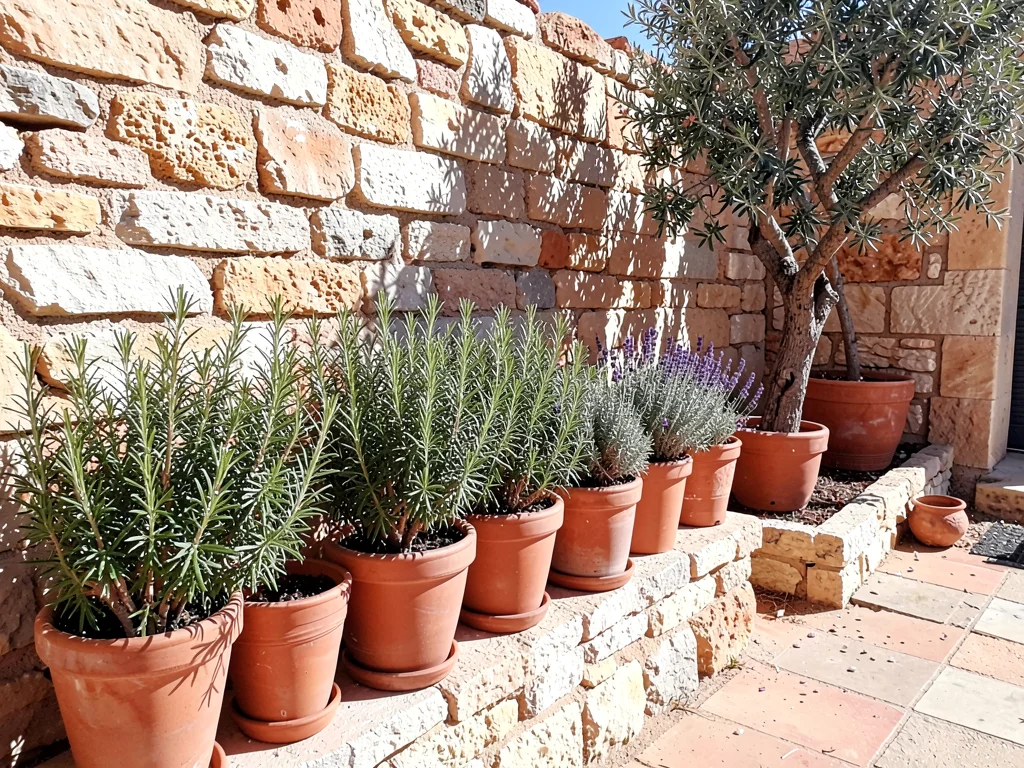Herb Pots on Stone Wall