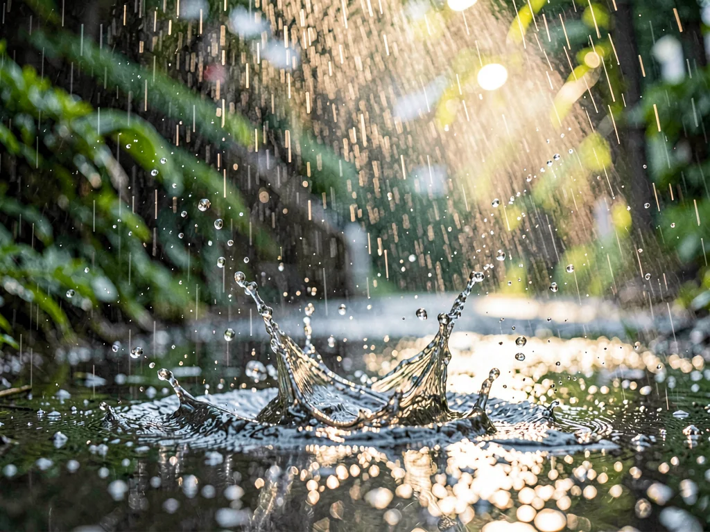 Rain through light beam showing drops