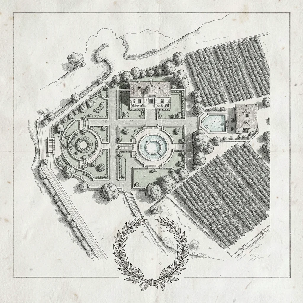 A Roman villa estate plan with the main domus, formal peristyle gardens, a therm