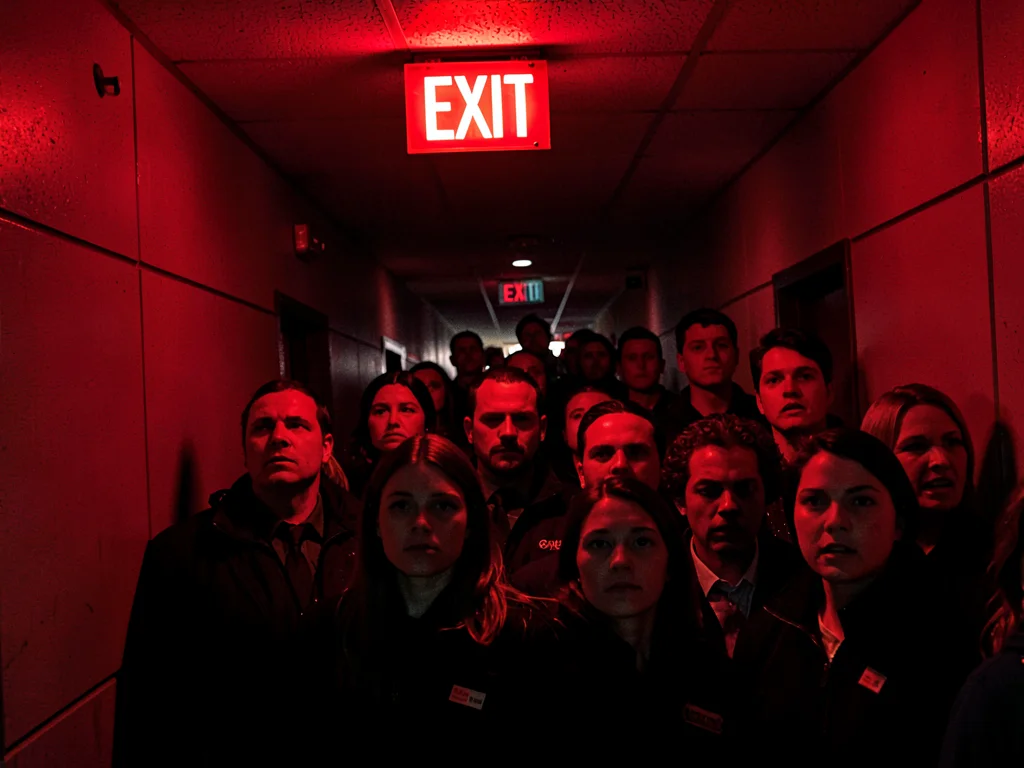 Fire drill evacuation, crowd under EXIT sign, the practiced emergency, bored fac