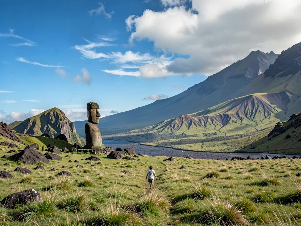 Edge-of-world isolation on Rapa Nui, A tiny human figure walking across vast gra