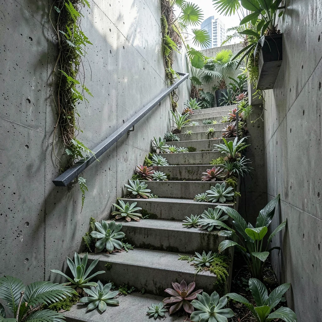 Singapore tropical modernism, green claiming grey, Concrete stairwell with plant