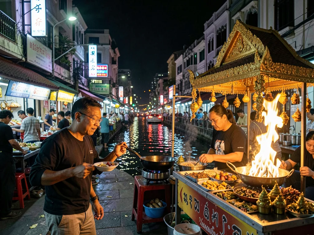 Night market wok fire near spirit offerings