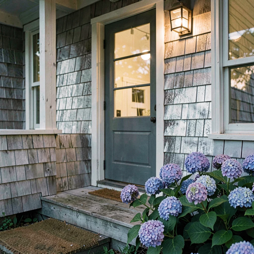 inside a Cape Cod weather-board cottage at summer dusk, salt-faded shingles silv