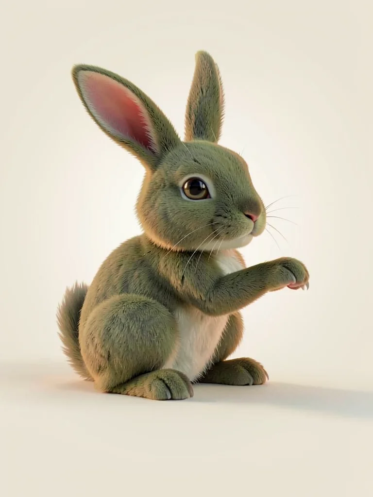 Long-eared hare companion crouched with ears flat back and one paw gently lifted