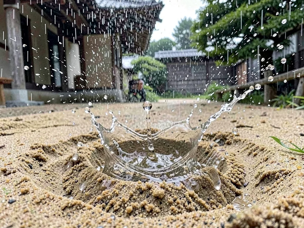 Impact crater in sand from raindrop