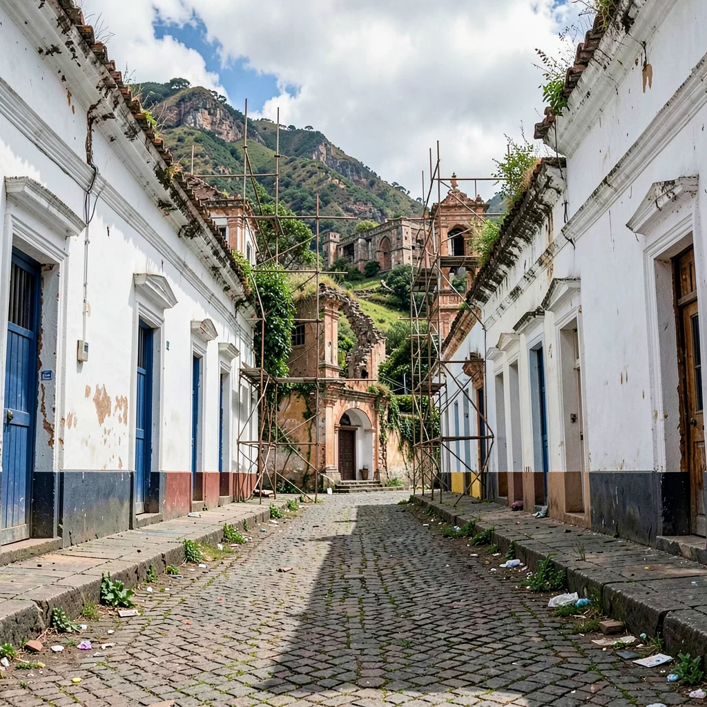Volcano-framed colonial streets of Antigua Guatemala, Scaffolding on a restorati
