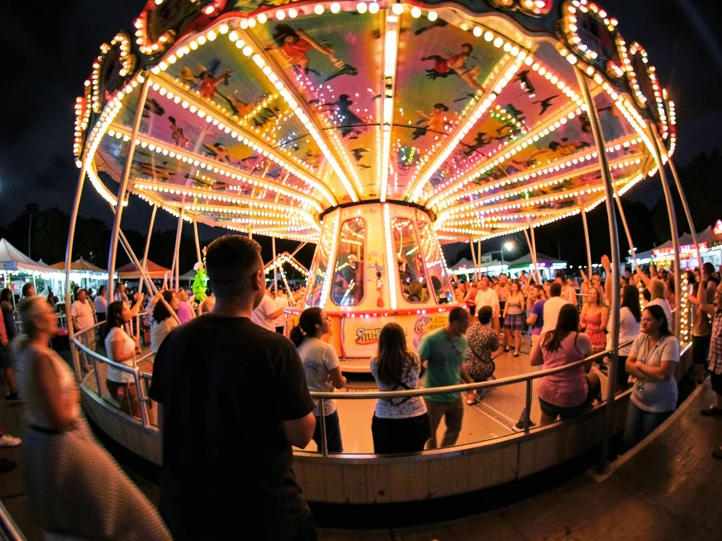 A carnival ride during a 10-second exposure, the lights drawing perfect circles 