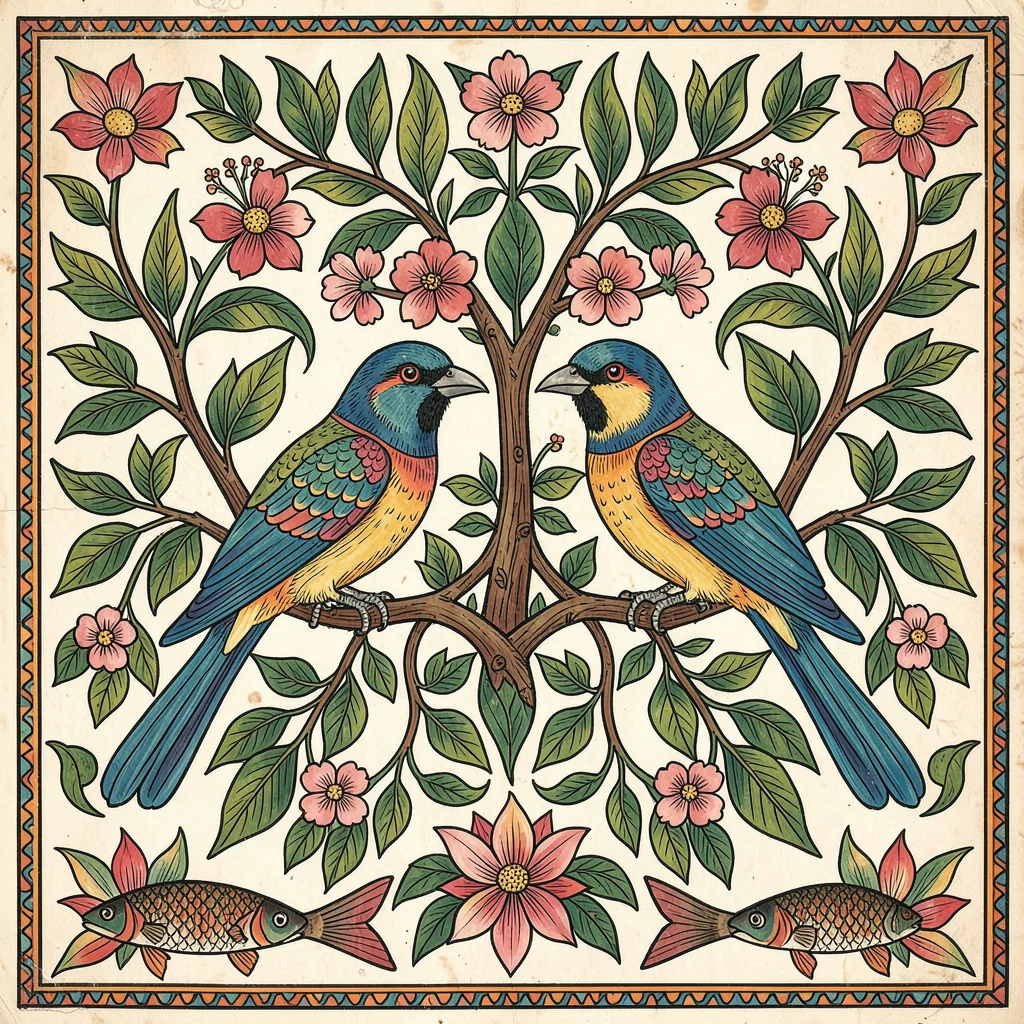 Two parrots on a flowering branch — symmetrical mirror pose, dense leaf clusters