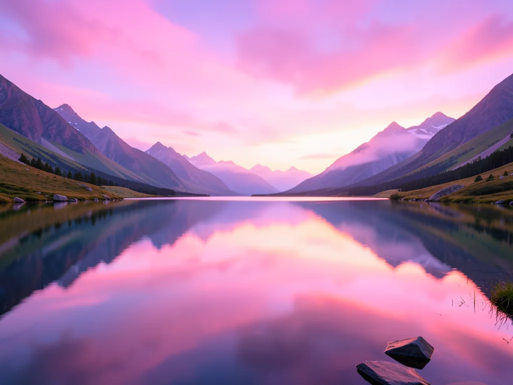 Landscape of peace — still lake at dawn, perfect reflection, not a ripple, soft 