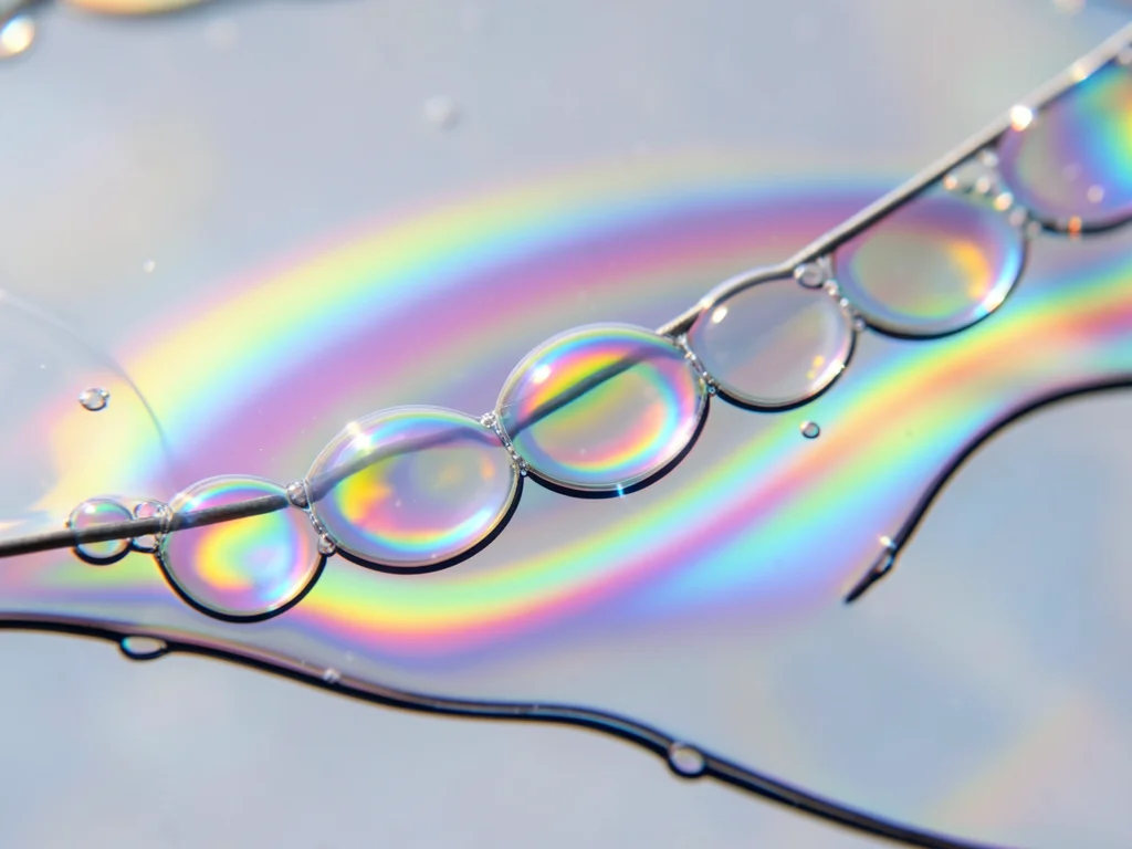 Chain of soap bubbles connected in catenary curve, each bubble a different size 