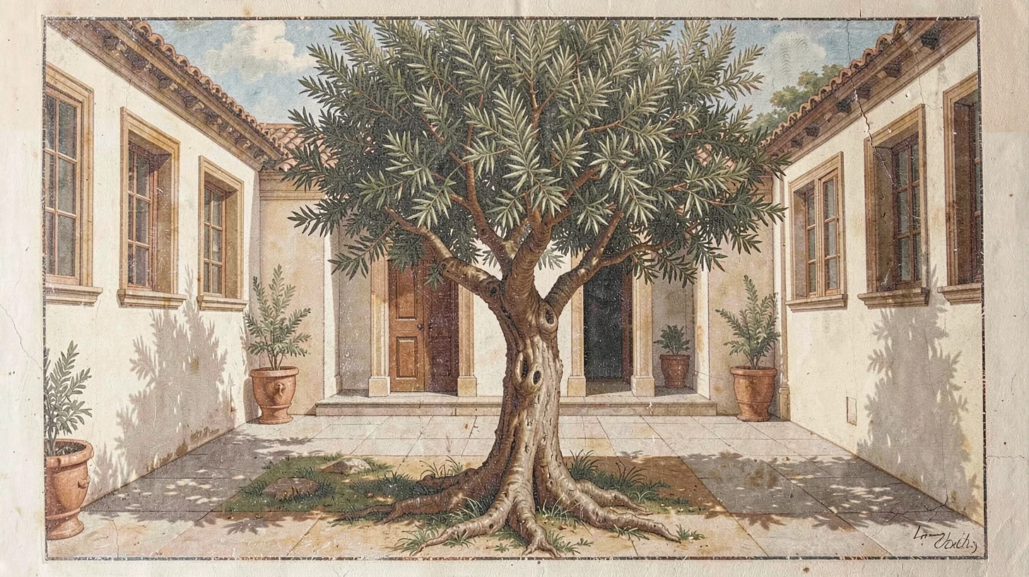Fresco-style illustration, olive tree in courtyard , painted into wet plaster, p