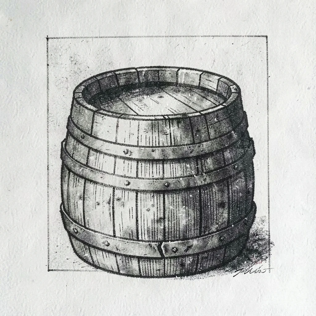 Riso vignette of a wooden mead barrel with stacked layers of muted ink, grainy t