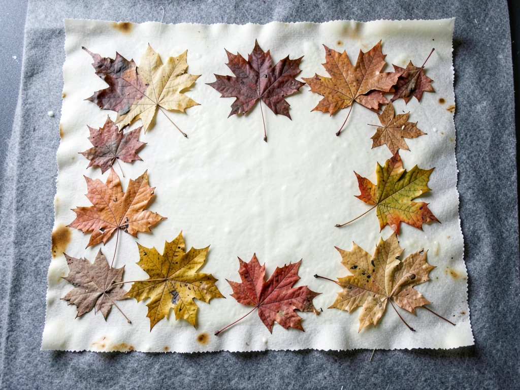 An overhead view of a finished paper with embedded autumn maple leaves, full she