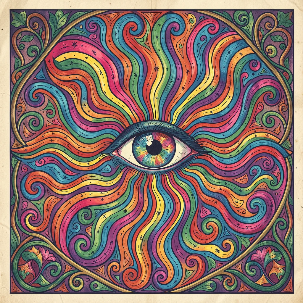 Psychedelic poster illustration, an eye radiating colorful hypnotic waves , vibr