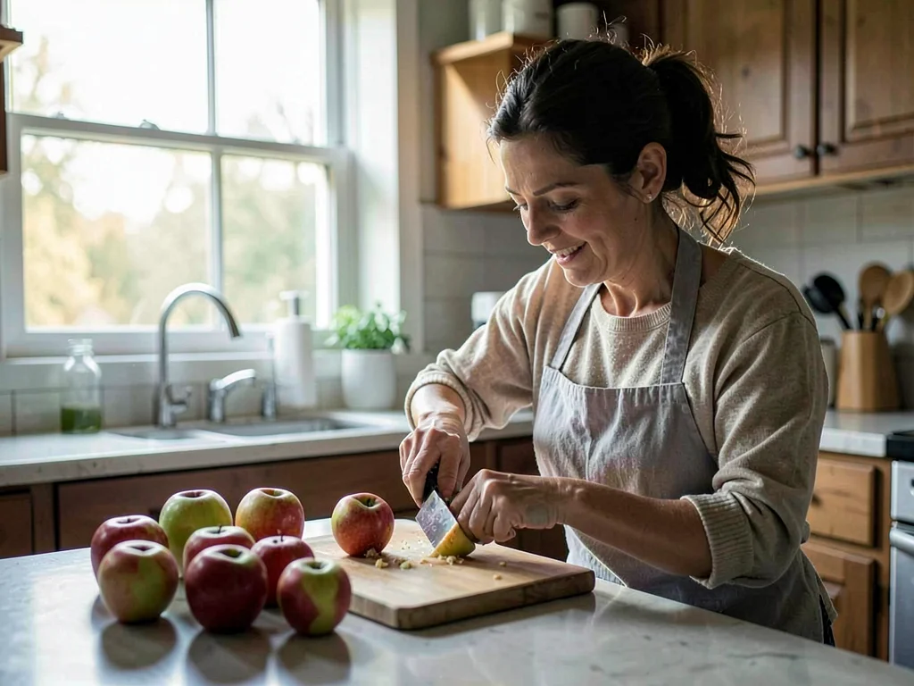 Woman peeling apples at kitchen table, single north-facing window casting soft d
