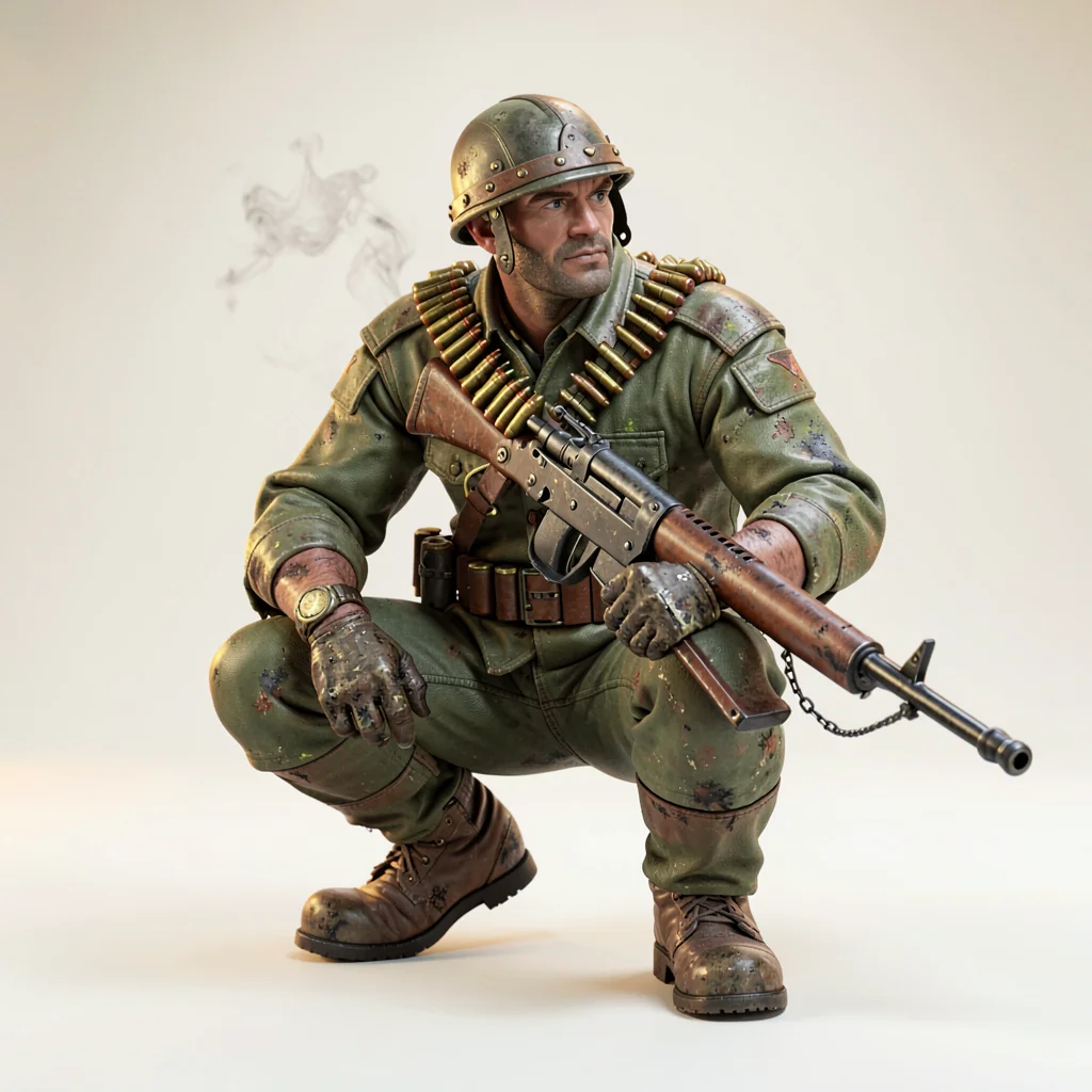 A heavy machine-gunner squats with belted ammunition draped across his shoulder,