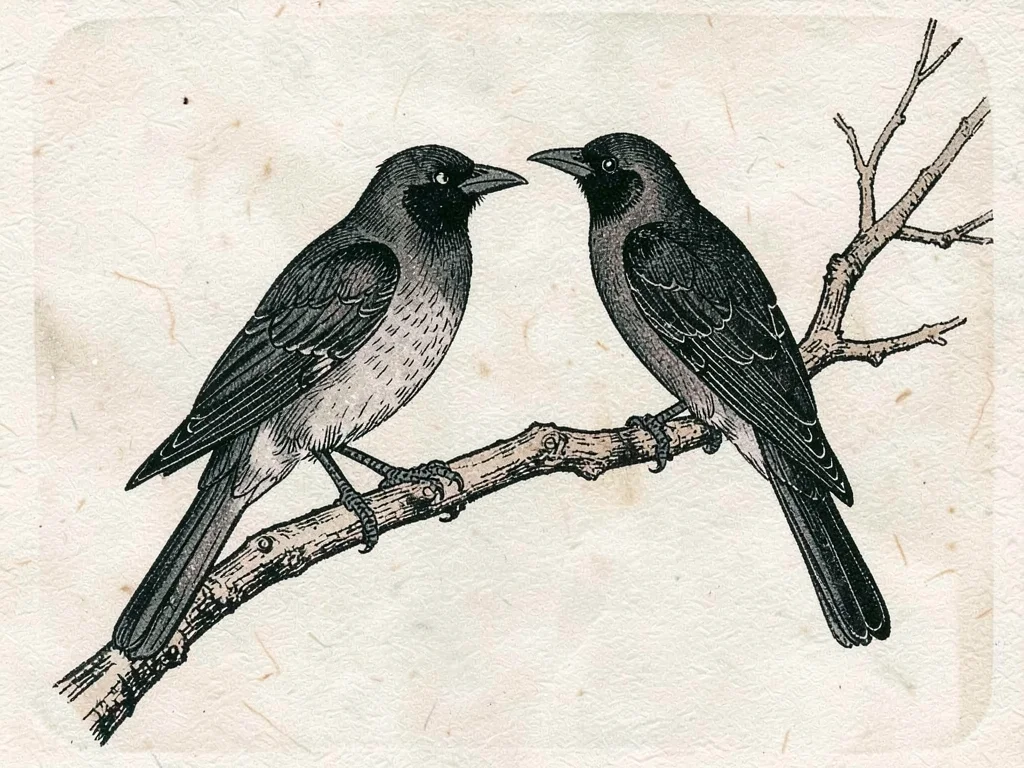 Two crows perched on a bare branch, facing opposite directions