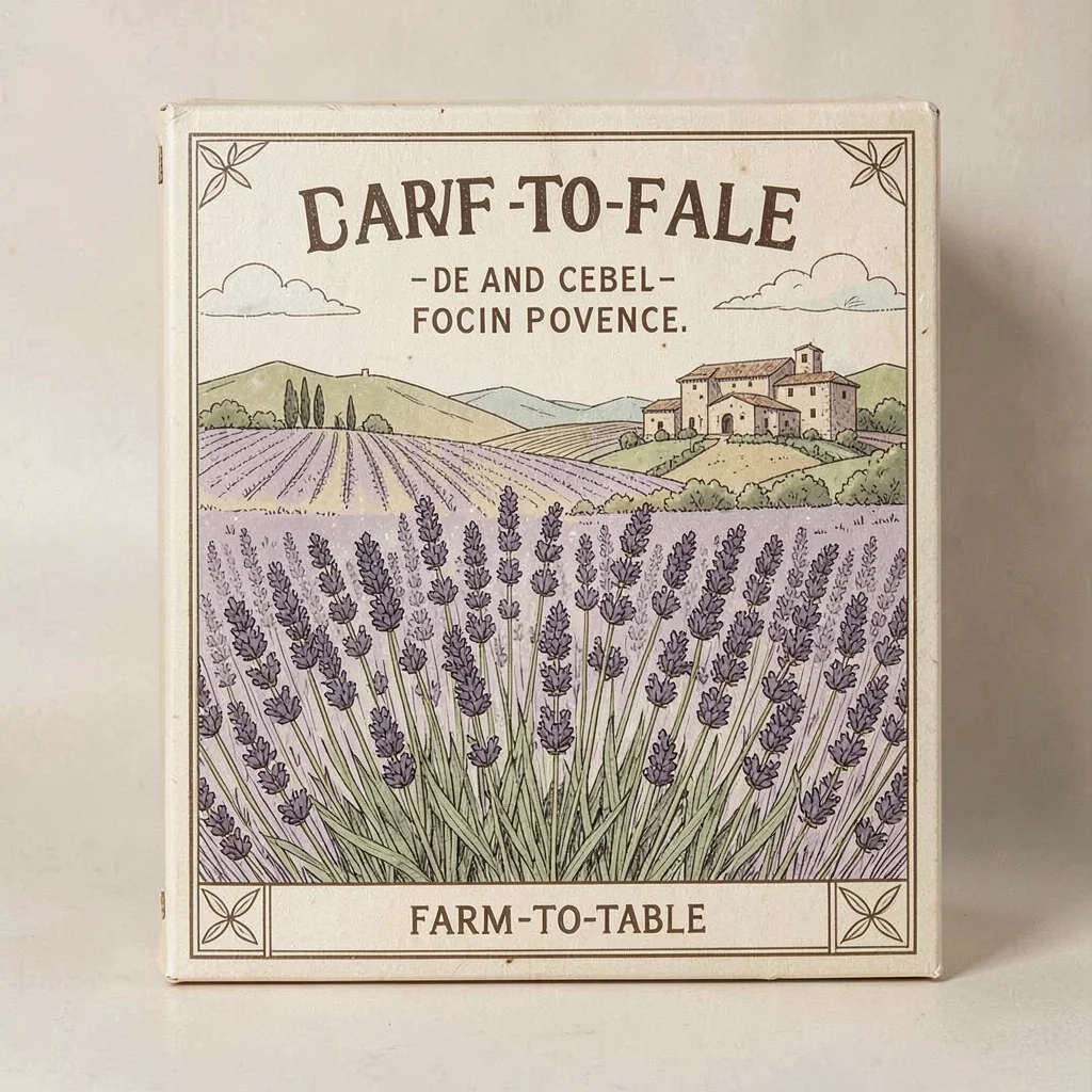 Artisan food packaging illustration, Lavender field in Provence , farm-to-table 