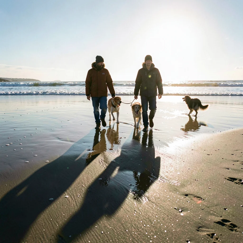 Tasmanian angular sub-Antarctic light, extreme raking shadows, Two friends walki