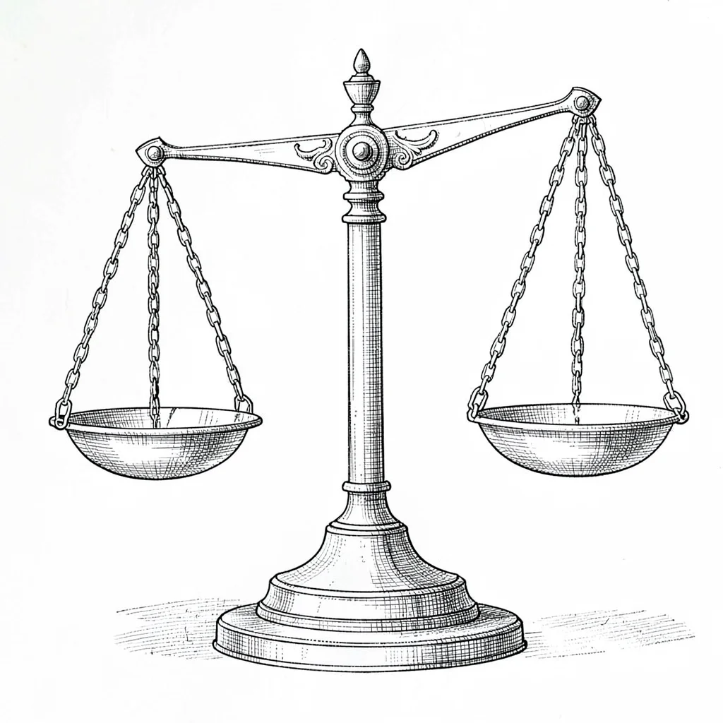 Patent-style line drawing of a balance scale with weights, museum-thin pen rulin