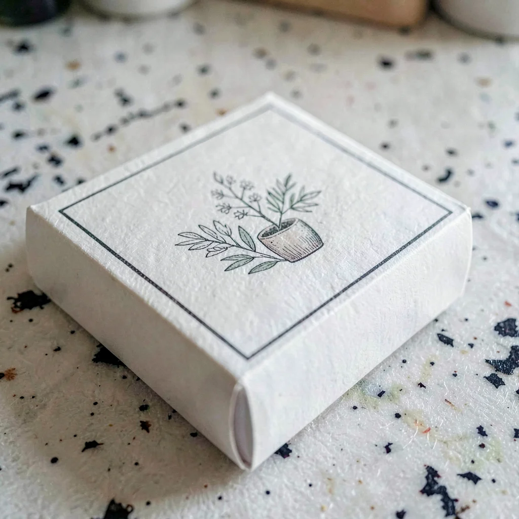 Paper close-up of a single illustrated box lid laid flat on a counter