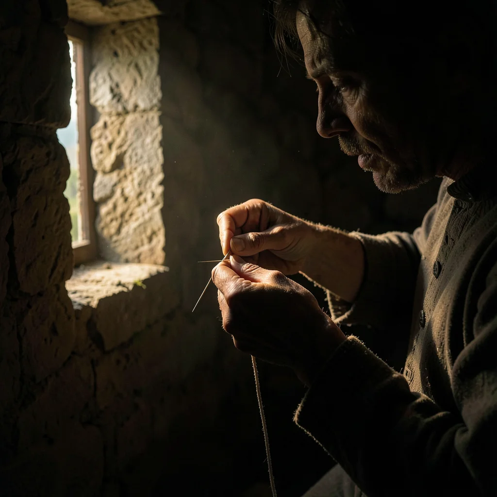 Dramatic natural light streaming through stone openings, deep chiaroscuro shadow