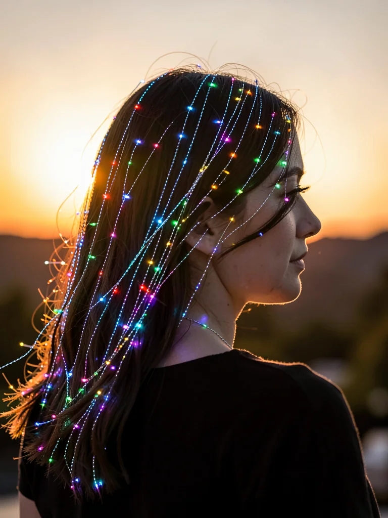 Woman's hair backlit by setting sun, every strand a fiber optic carrying light