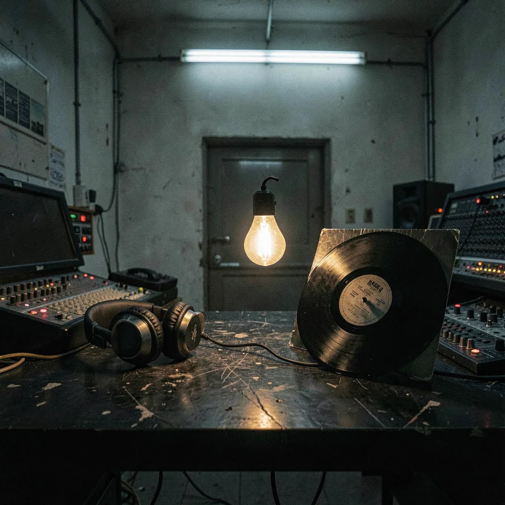 Late-night atmospheric still of headphones beside a vinyl record sleeve on a wor