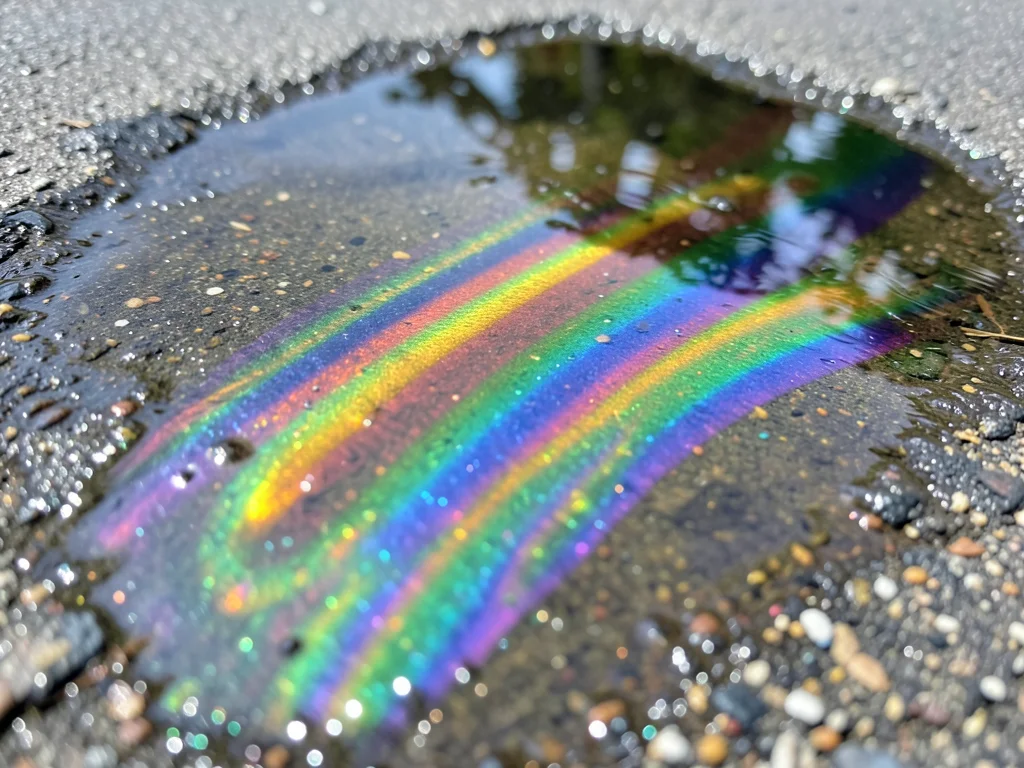 Oil film on water creating complete rainbow spectrum, parking lot puddle