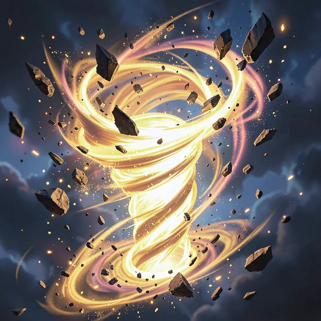 Magic spell effect illustration, wind magic tornado forming, debris spiraling up