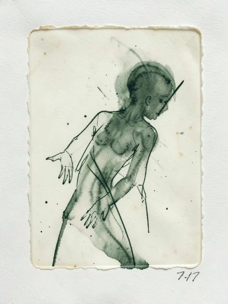 Monoprint with drawn lines in wet ink using pointed stick, loose figure drawing 