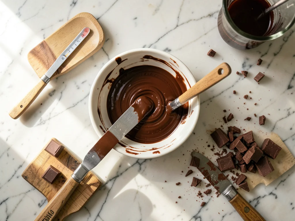 A chocolate tempering process: melted chocolate on marble, a palette knife, a th
