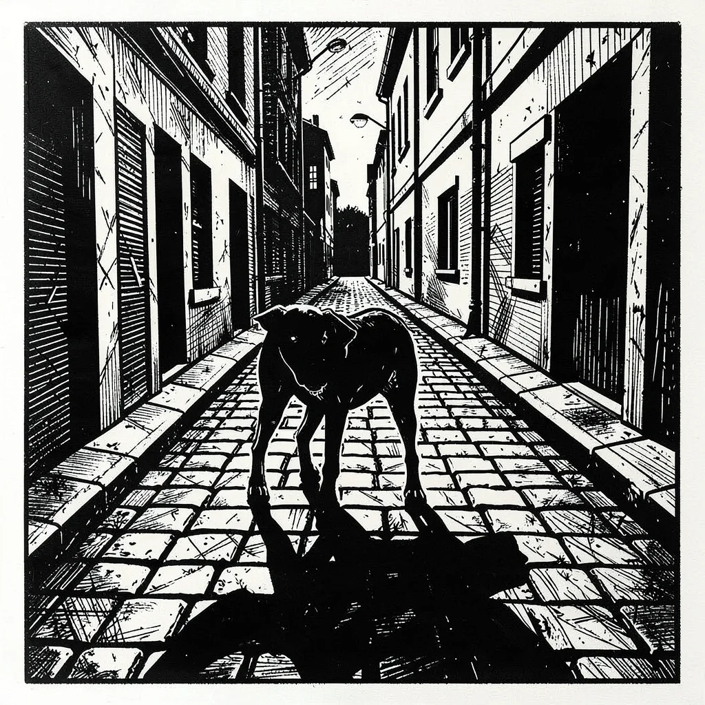 Dog alone on an empty street, angular shadow stretching across cobblestones