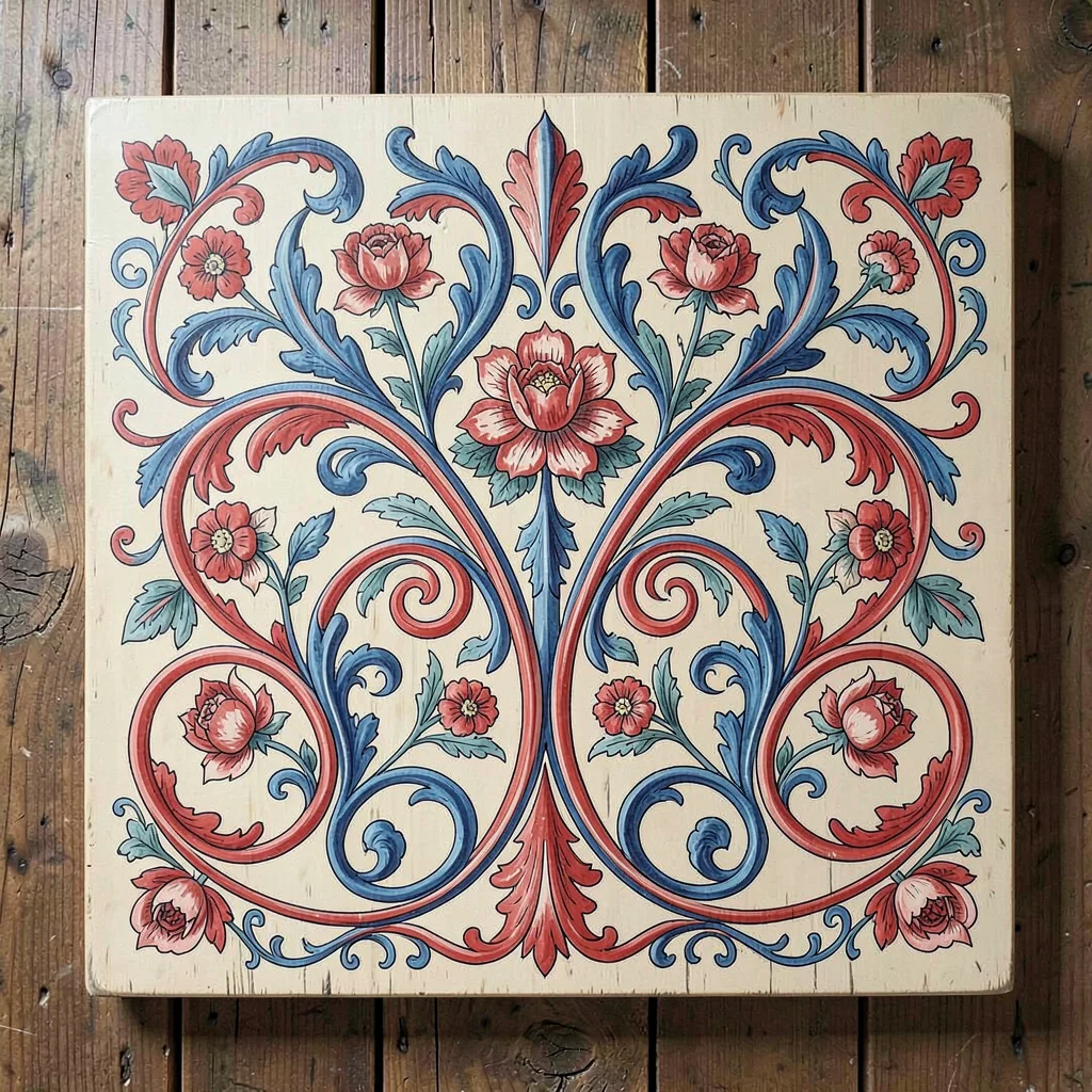 Scandinavian rosemaling illustration, flowering scrolls emerging from a central 